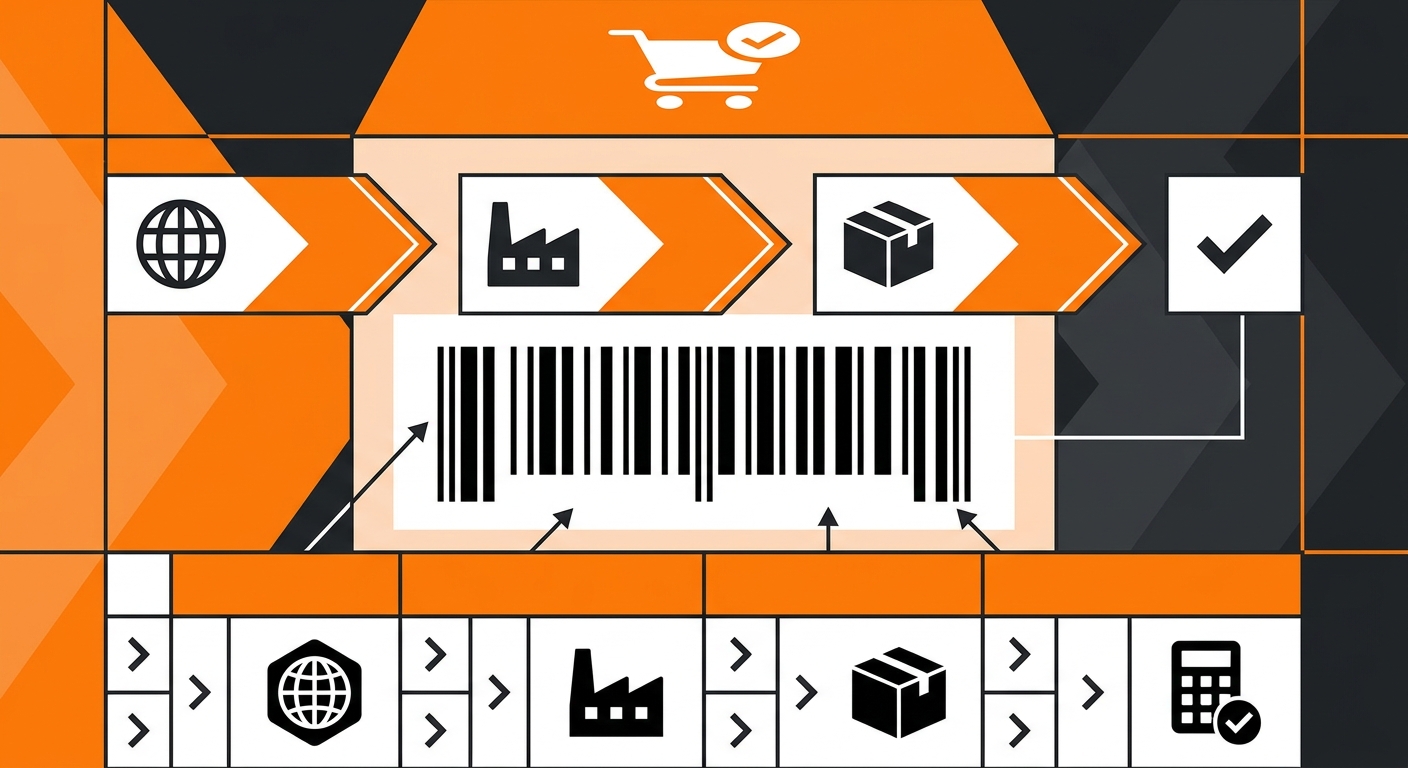 A clean close-up of retail product packaging featuring a clearly visible EAN barcode, with subtle labels or callouts highligh