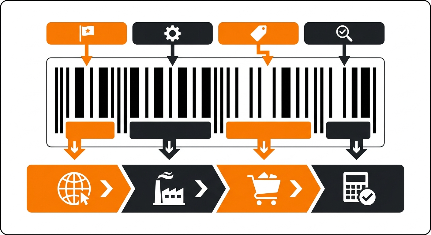 A polished infographic-style visual displaying an EAN barcode alongside simple annotated elements such as country prefix, man