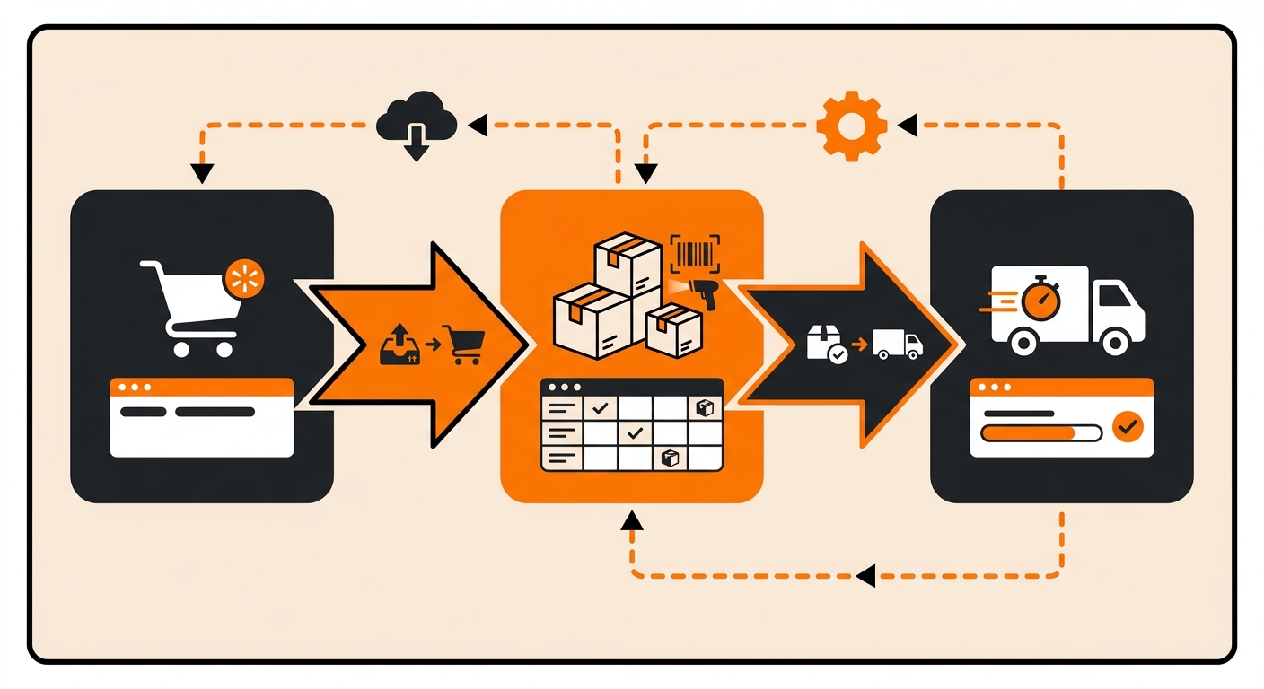 A polished illustration of a supply chain workflow connecting Walmart Marketplace, warehouse inventory, and order fulfillment