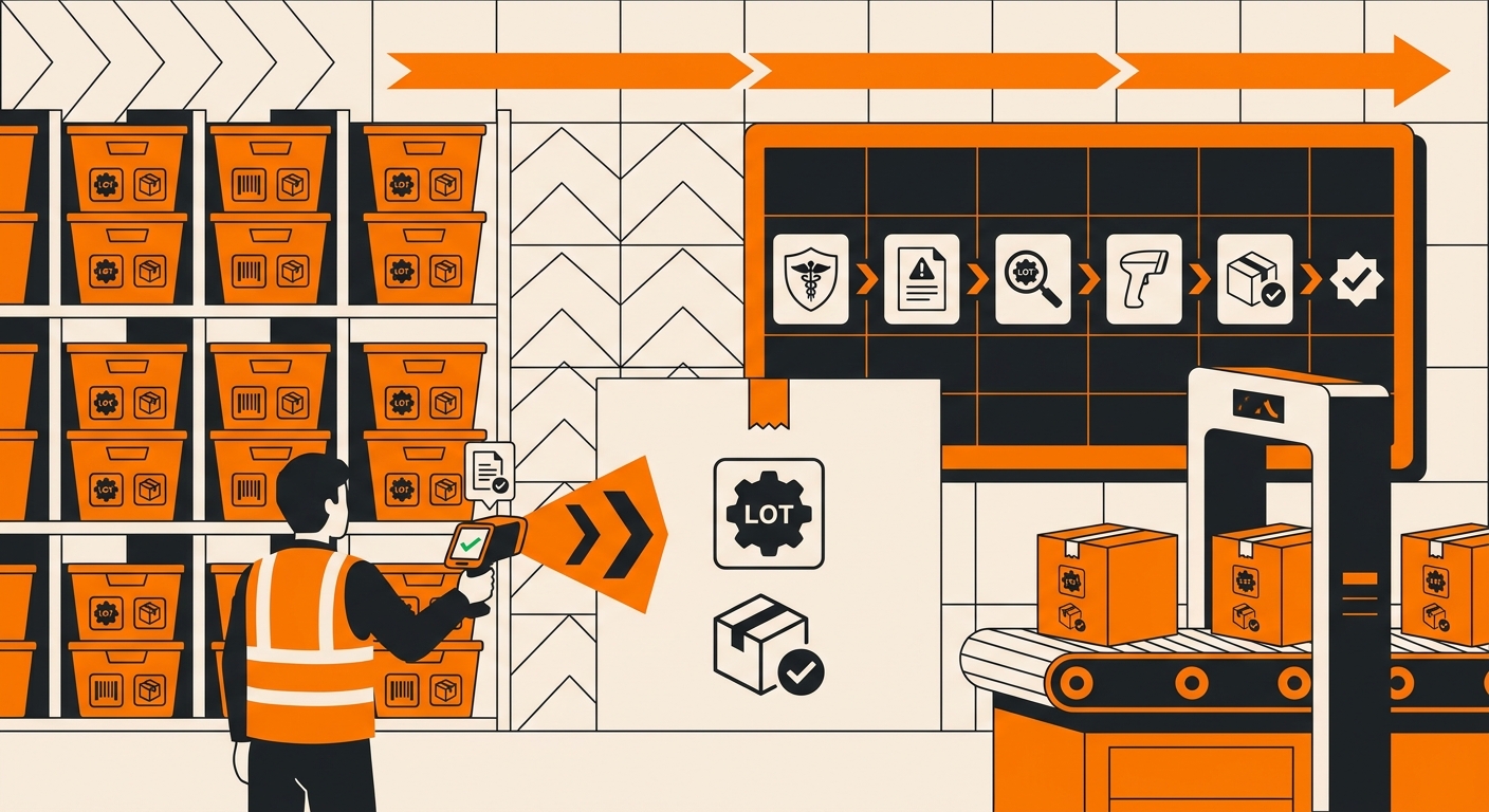 A clean warehouse operations scene showing labeled inventory bins and shipping cartons with visible lot numbers being scanned