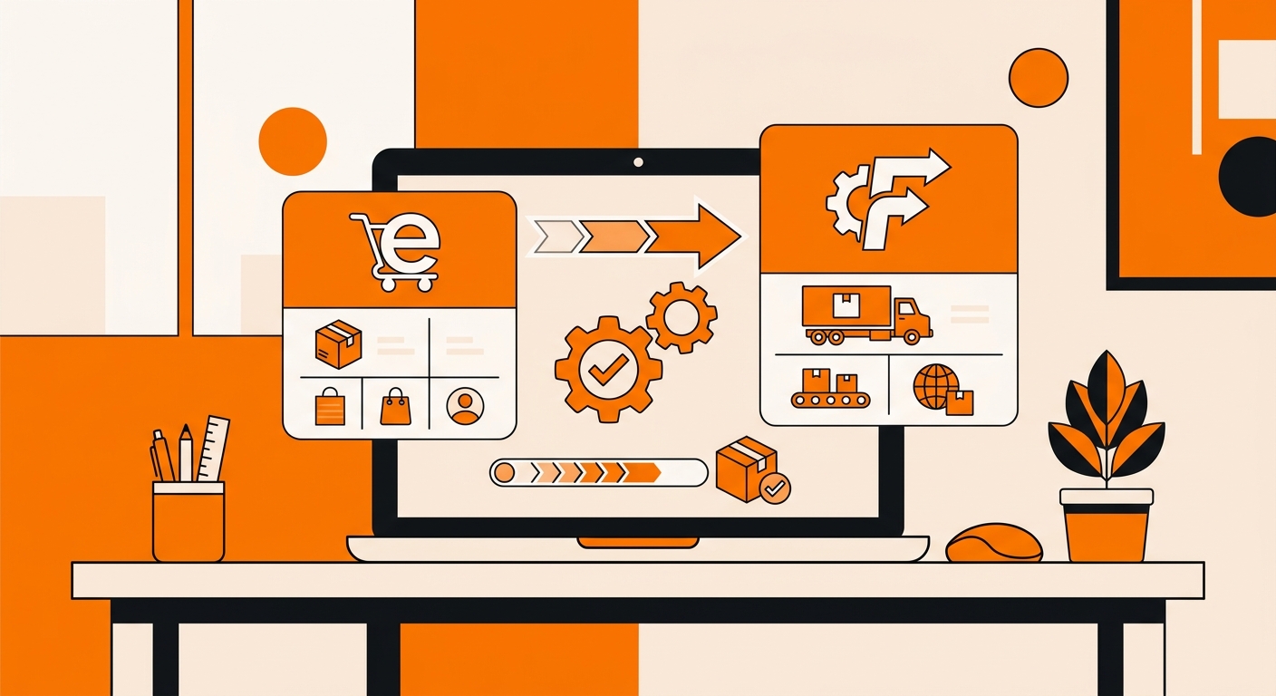 A clean workspace scene showing an eCommerce dashboard on a laptop with eBay order data syncing to a fulfillment platform, re