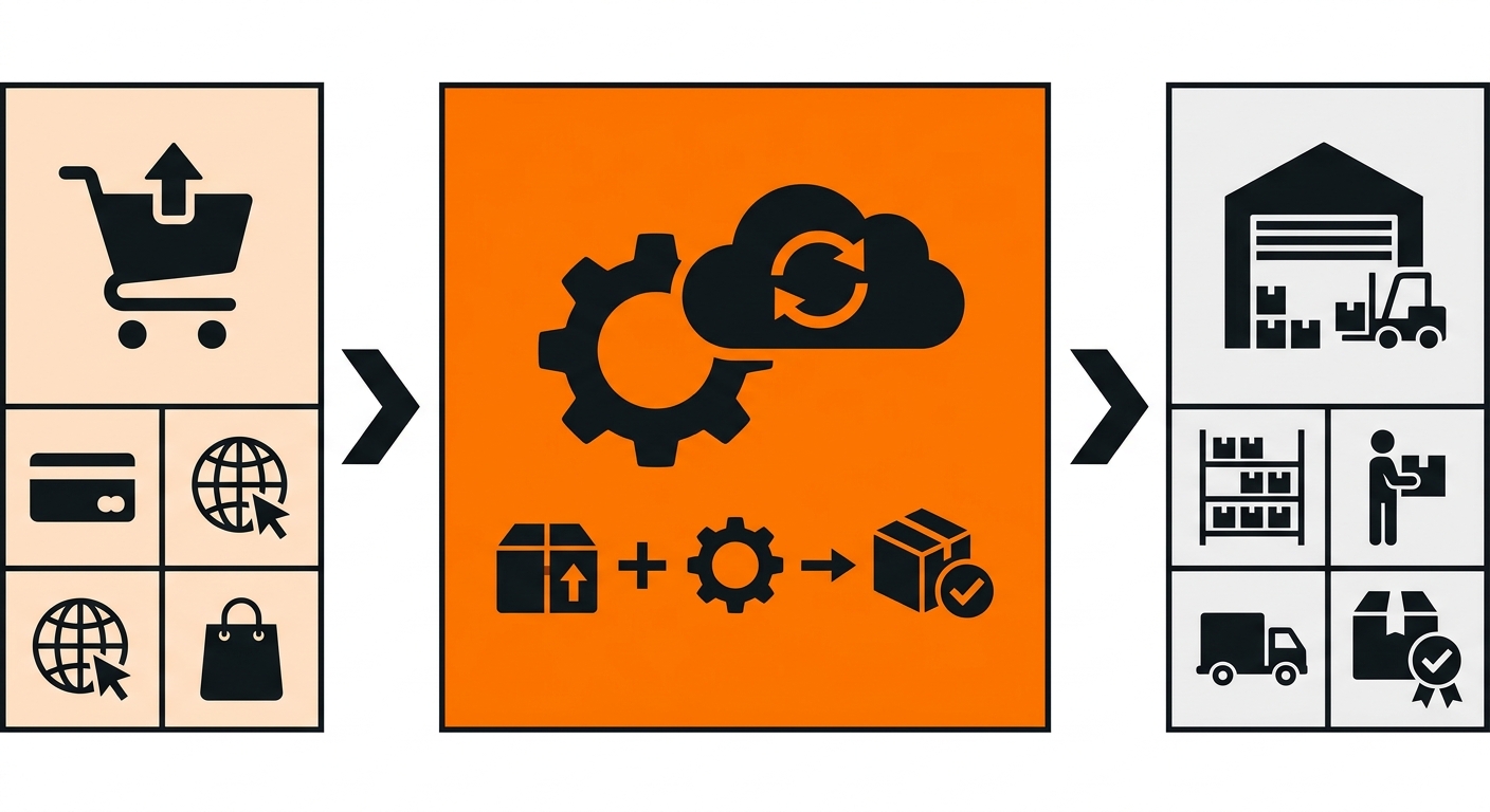 Diagram showing an eBay seller account connected via API to Fulfyld's warehouse management system, with order data flowing from eBay through the OMS into pick-pack-ship workflow and tracking numbers syncing back to eBay automatically