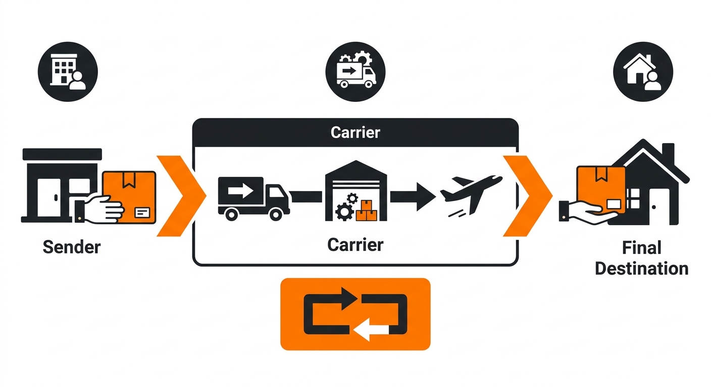 A clean logistics-themed illustration showing a package moving through a shipping network with labeled arrows from sender to
