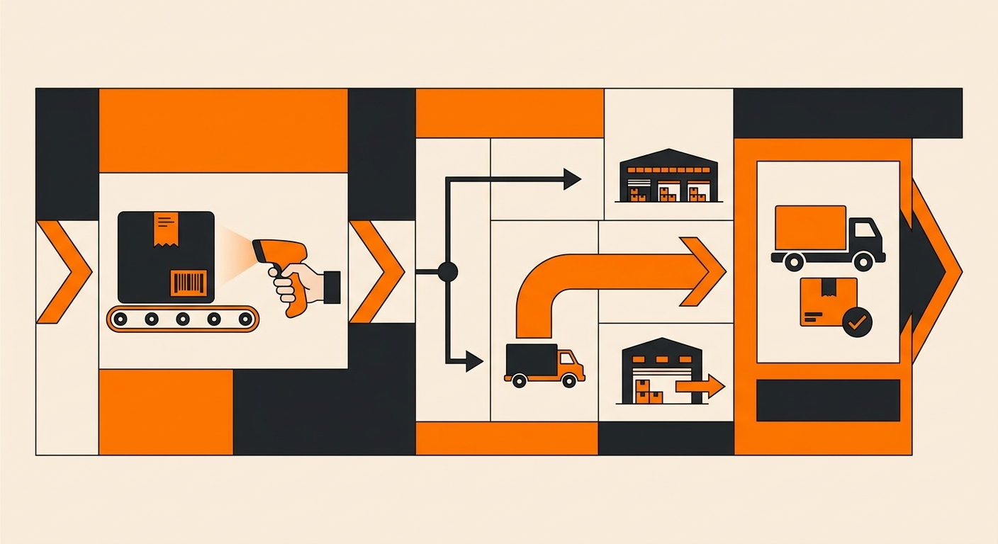A neat warehouse and parcel forwarding concept image featuring labeled boxes, barcode scanning, and directional arrows indica