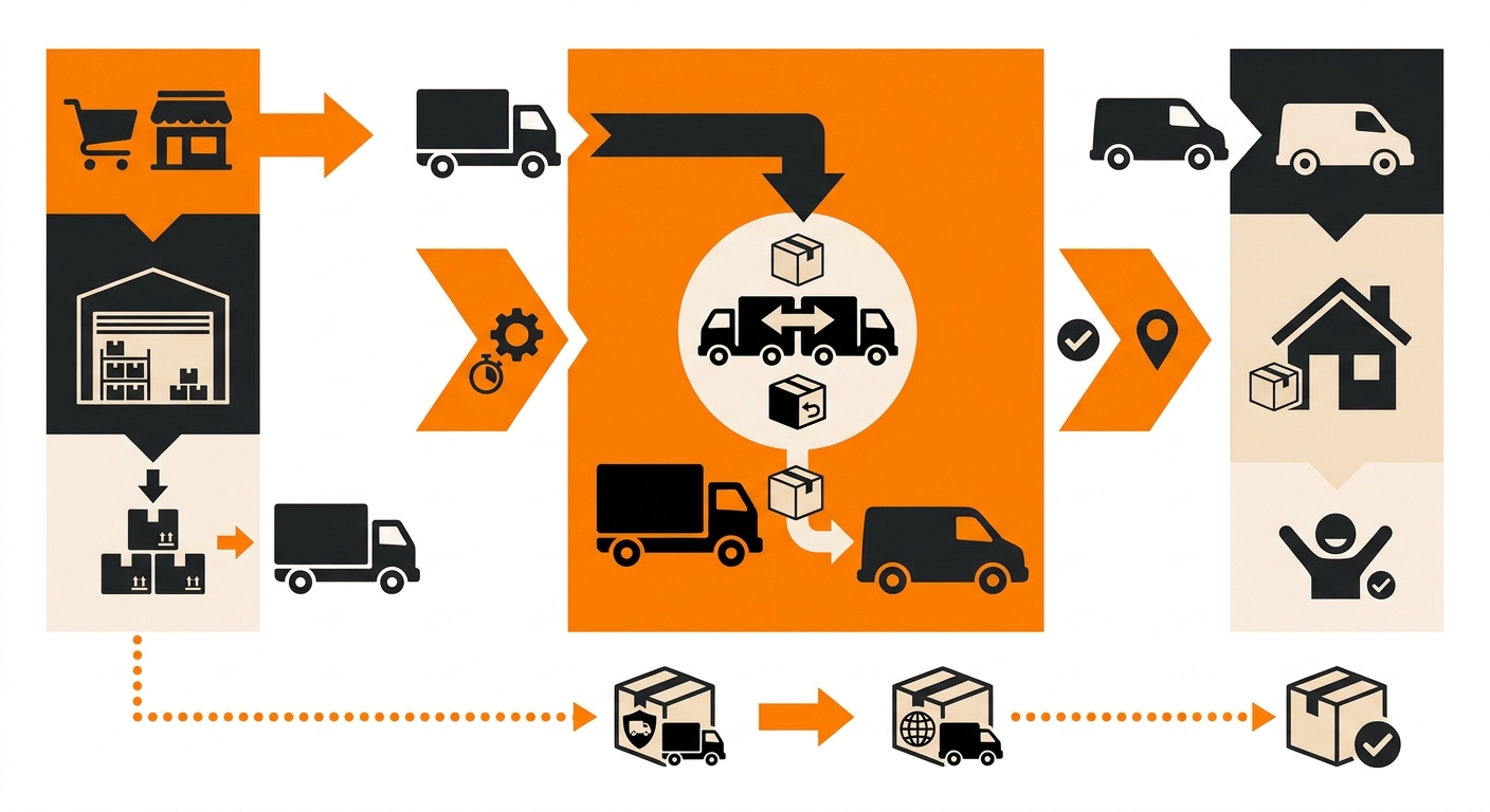 Infographic showing the five-step forwarding process: initial scan at origin facility, address discrepancy detection, forwarding order lookup, re-label and re-sort, and final delivery attempt, with estimated delay ranges at each stage