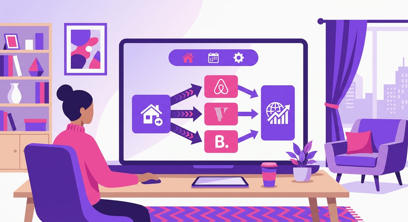A polished workspace in a stylish Airbnb-style living room features a host analyzing a simple distribution dashboard that con