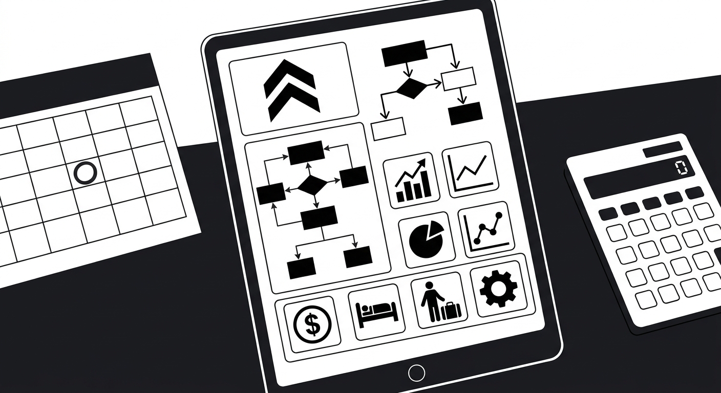 A close-up of a hotel booking and analytics report displayed on a tablet beside a desk calendar and calculator, emphasizing r