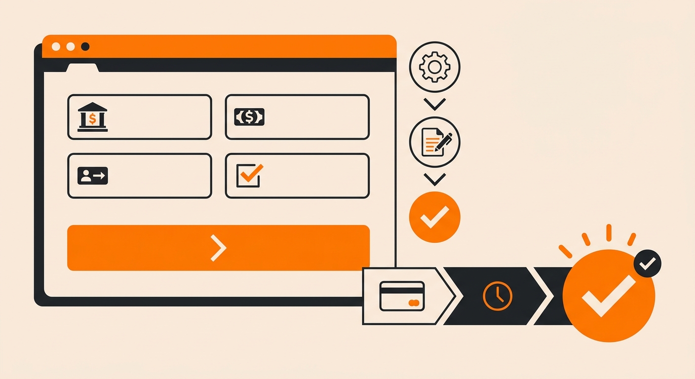 A clean desktop banking interface displaying ACH payment setup fields alongside a subtle checklist and confirmation icon, rep