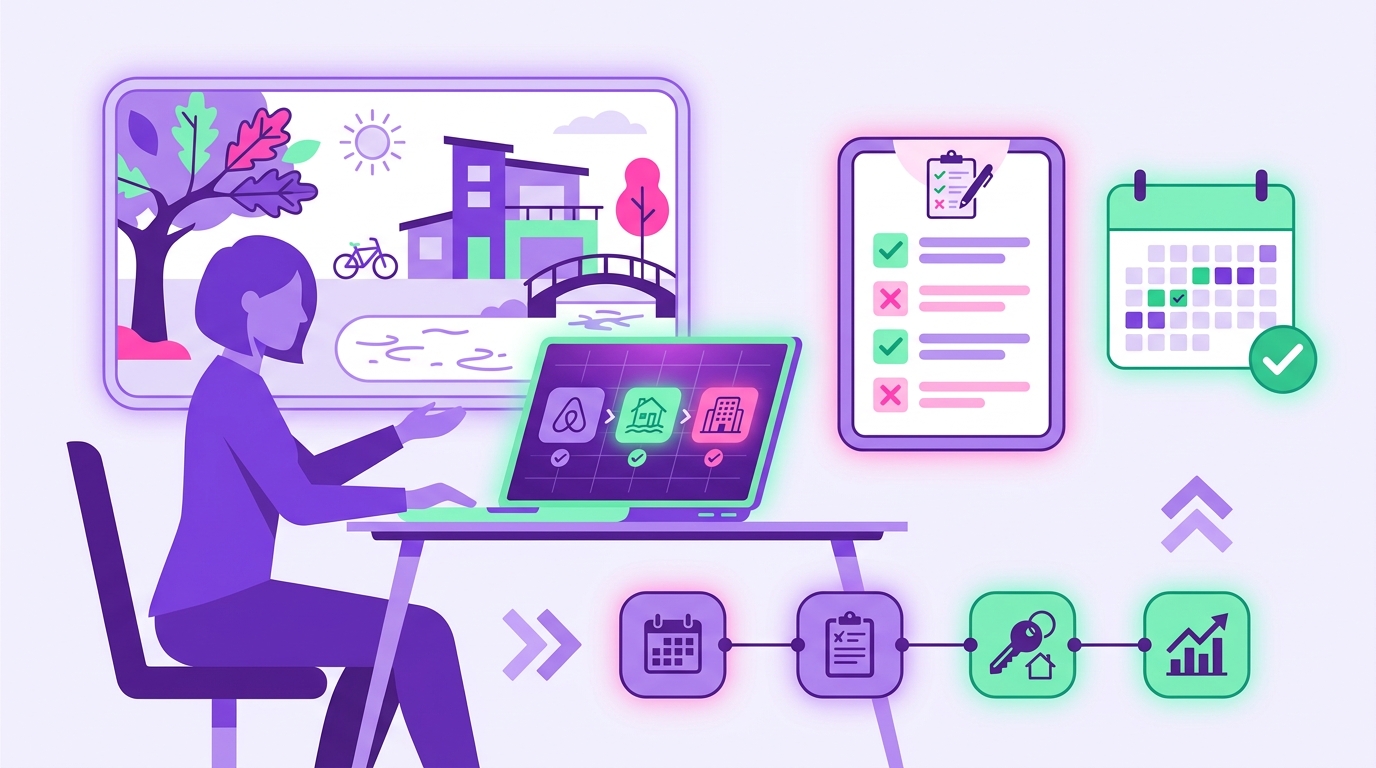 A professional host sits at a laptop in a modern Austin vacation rental, reviewing a compliance checklist beside a calendar a