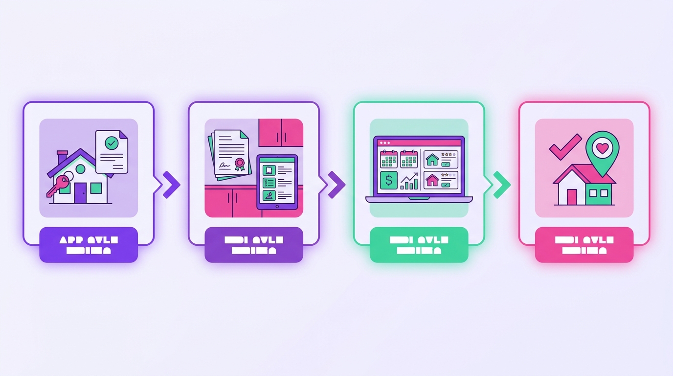 A clean, well-staged living area in a licensed-looking short-term rental home features a kitchen counter with printed city pe