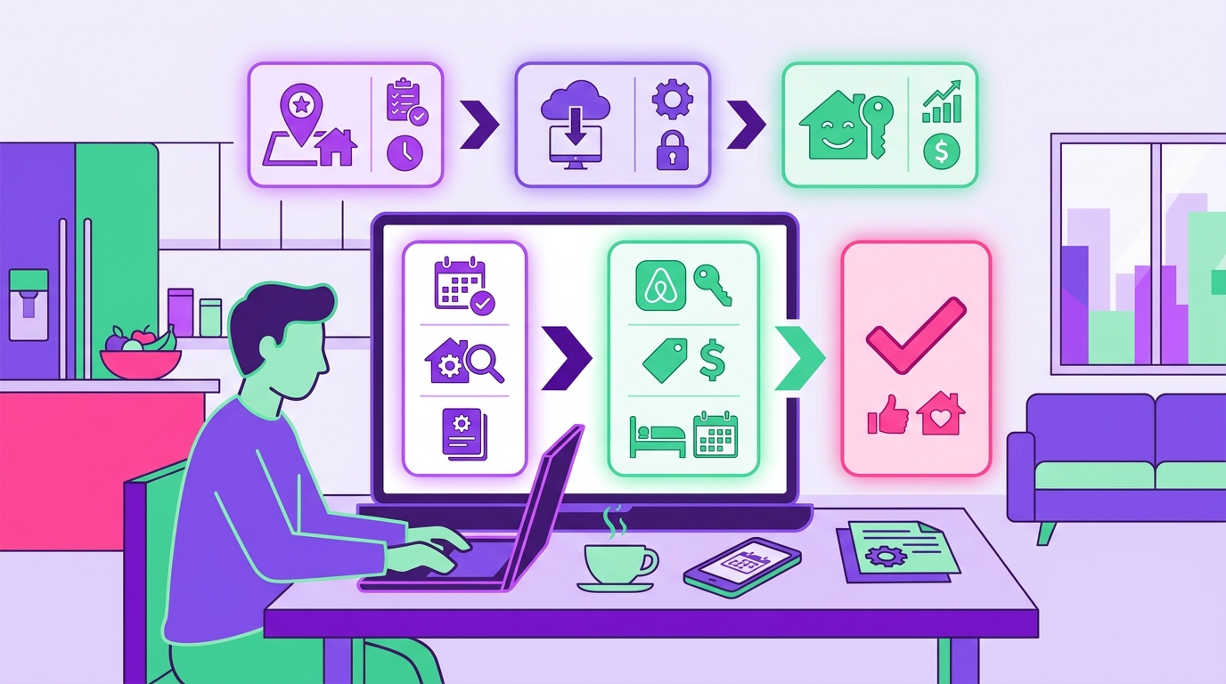 An Airbnb property owner works from a laptop at a dining table inside a stylish residential rental home, comparing local Aust