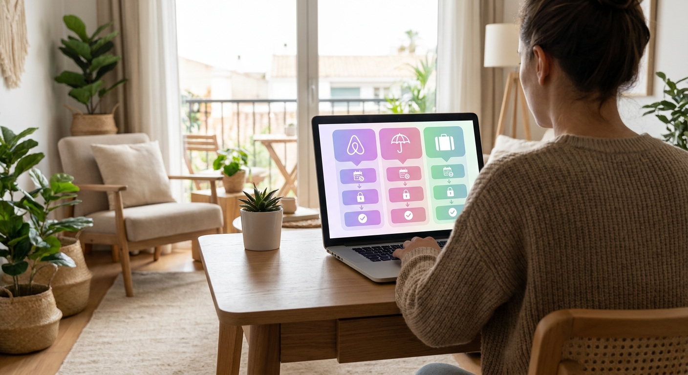 A professional home-office scene inside a vacation rental shows an STR host comparing booking calendars for Airbnb, VRBO, and