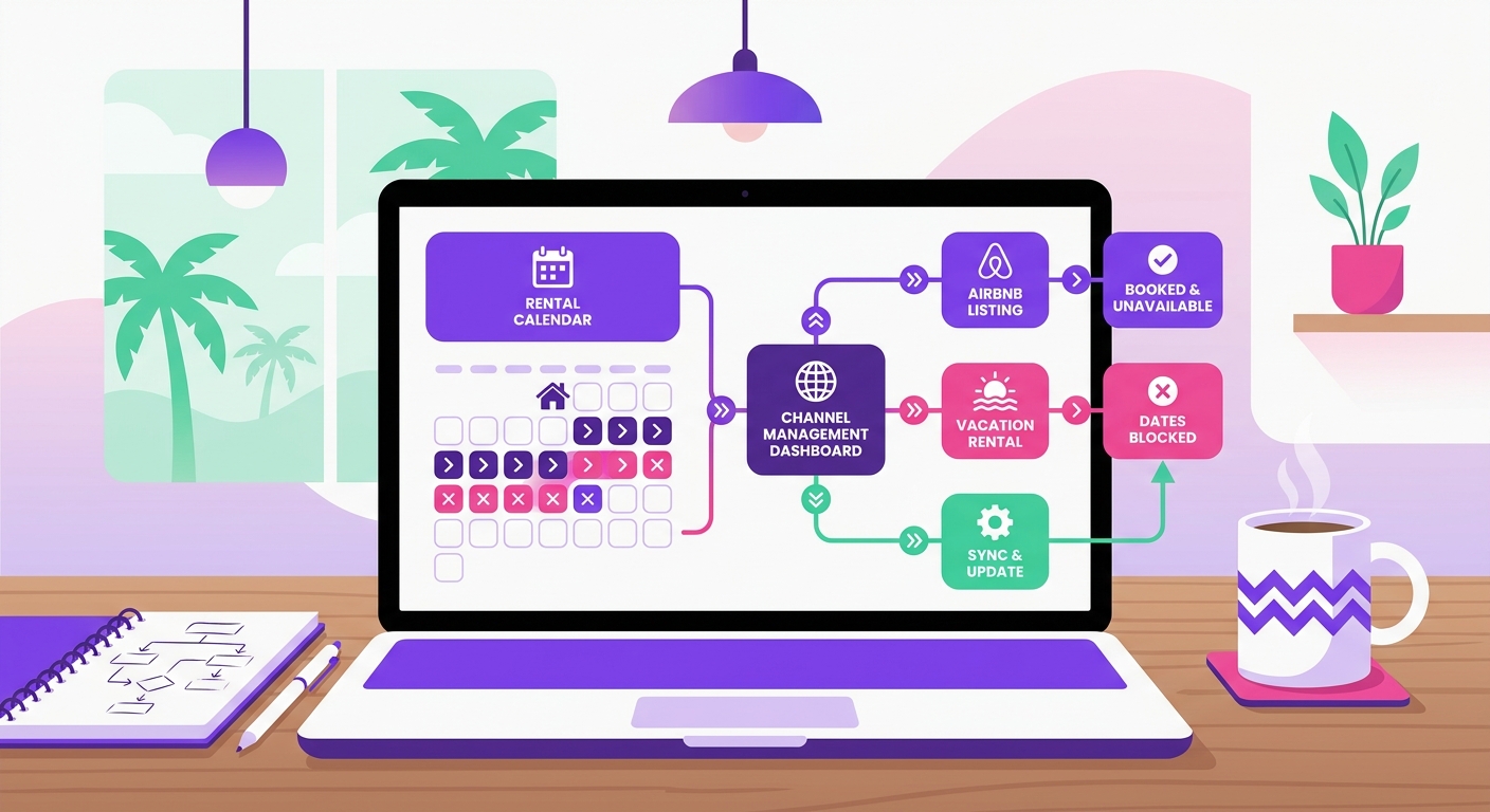 A close-up of a property owner’s laptop screen shows a short-term rental booking calendar and channel management dashboard wi