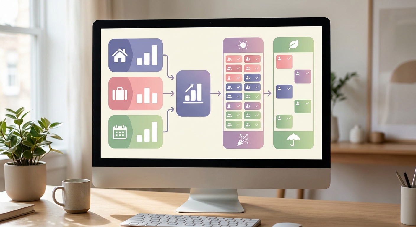 A desktop monitor in a stylish residential rental office displays an STR performance dashboard with Airbnb, Booking.com, and