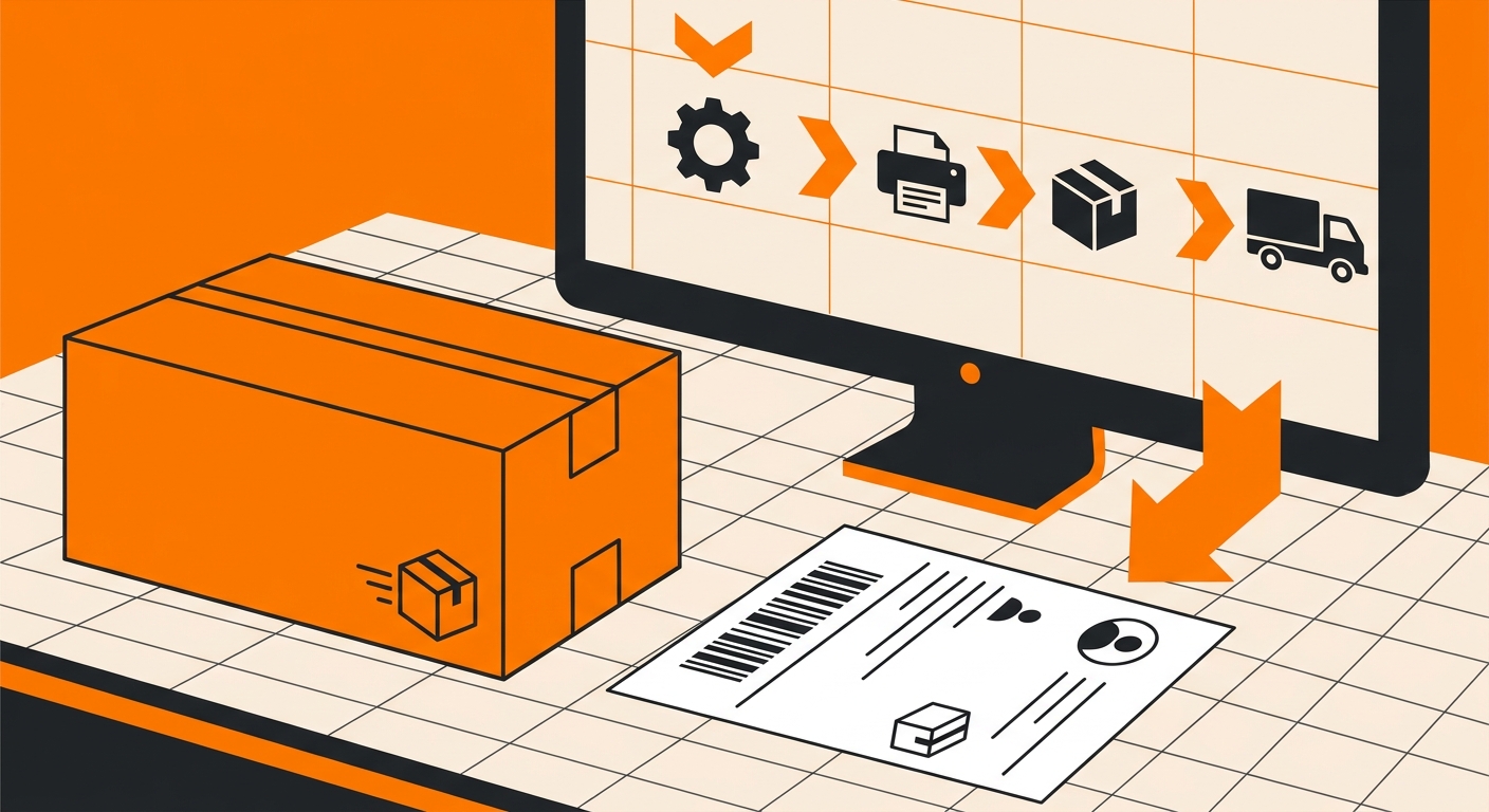 A close-up of a printed shipping label next to a parcel on a warehouse or office desk, with a computer screen in the backgrou