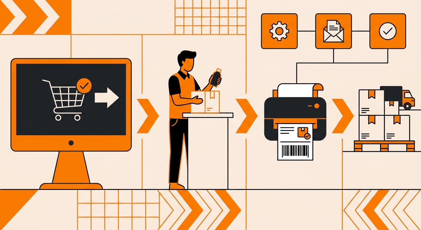 A modern e-commerce fulfillment scene featuring a small business operator preparing an order, with a thermal label printer pr