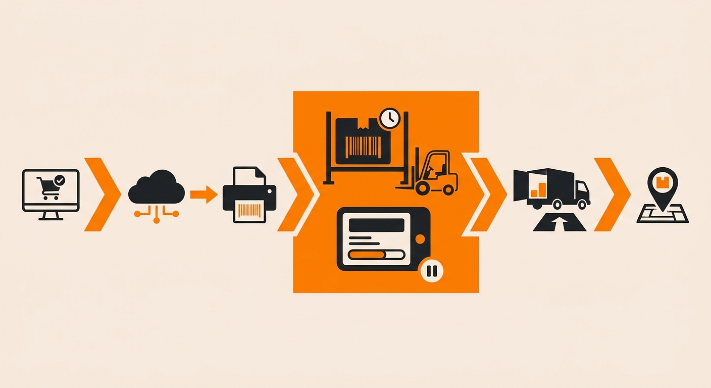 Infographic showing the gap between electronic shipping label creation and first carrier scan, illustrating the order lifecycle stages from WMS label generation through carrier API response, physical pick-and-pack, and final carrier pickup scan marked as 'in transit'