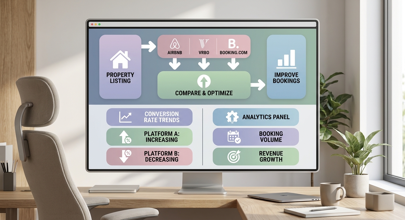 A modern home office setup shows a property owner comparing their vacation rental listing across Airbnb, VRBO, and Booking.co