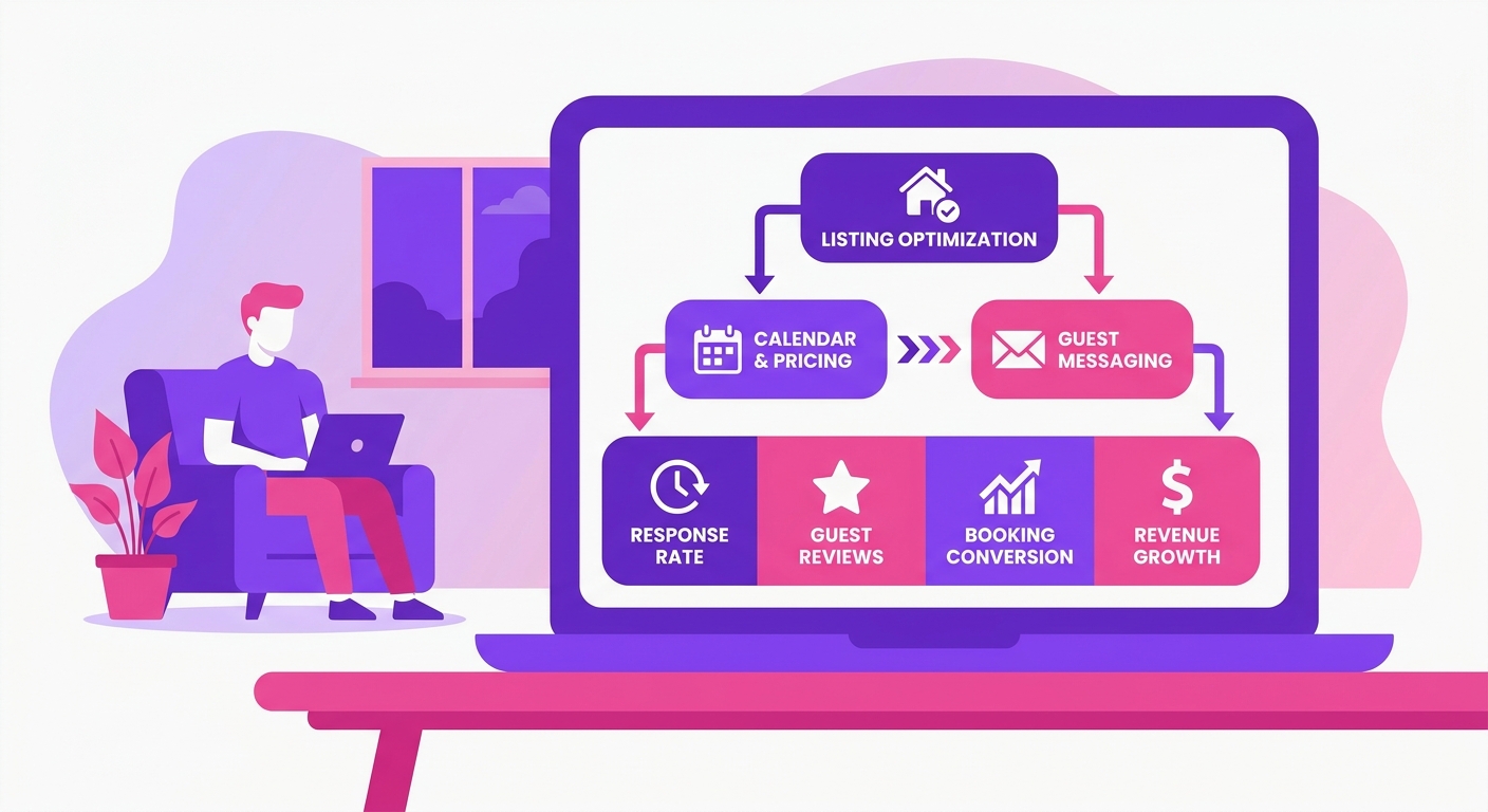 A host reviews guest messaging, calendar availability, pricing, and booking data on a laptop while seated in a stylish living