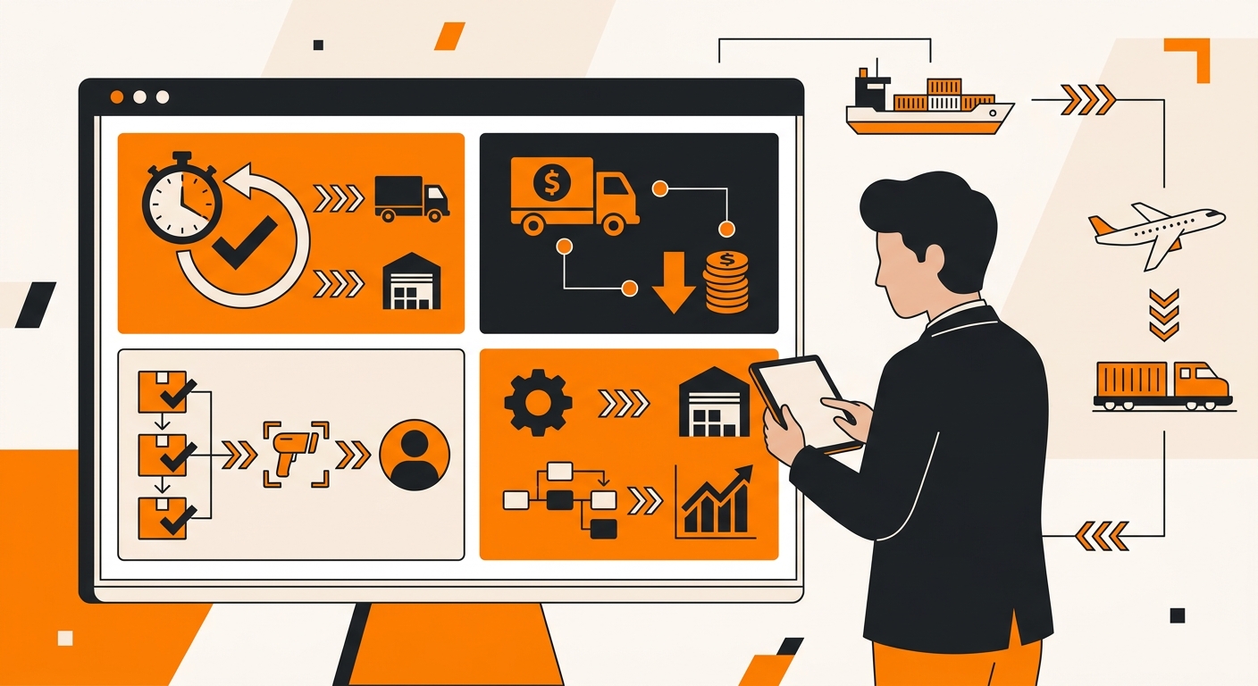 A logistics manager reviews a digital dashboard displaying key performance indicators such as on-time delivery rate, order ac