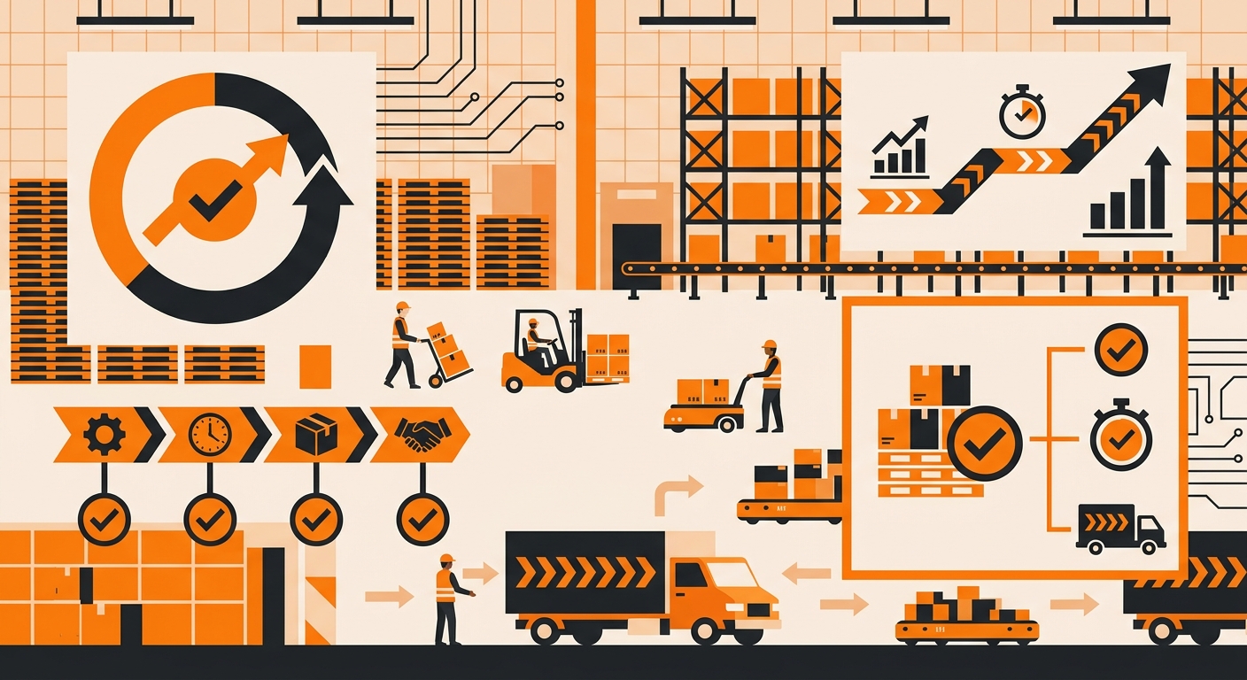 A modern warehouse and distribution setting with workers, pallets, and delivery vehicles in the background, overlaid with sim