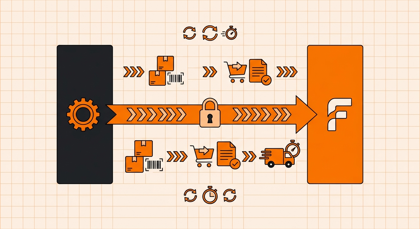 A clean dashboard-style illustration showing NetSuite and Fulfyld connected through a secure data flow, with icons representi