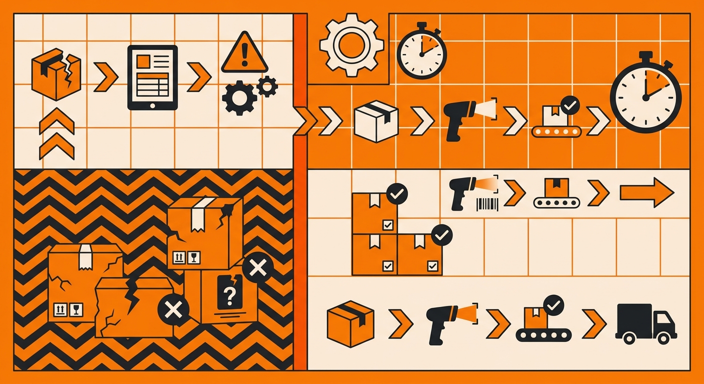 A modern fulfillment center workstation with damaged items separated into a clearly marked inspection area, alongside intact