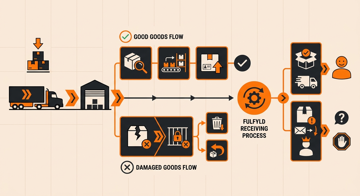 Infographic showing the inbound receiving workflow at Fulfyld: shipment arrives at dock, associate scans cartons against PO in WMS, physical condition inspection flags damaged units, damage is photographed and logged with timestamp, discrepancy report routes to account manager, and damaged units are assigned a disposition such as quarantine, return to vendor, or rework