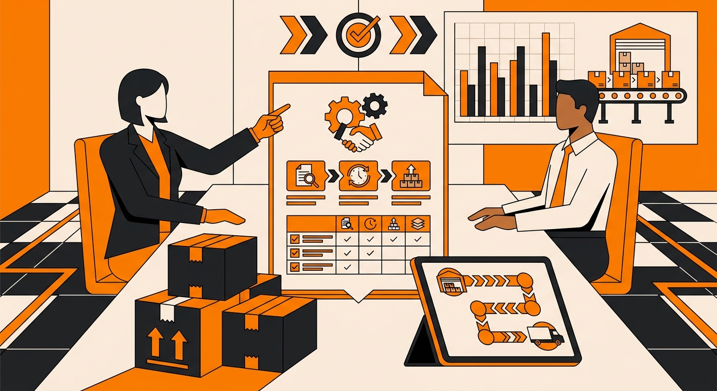 A business meeting scene with two professionals reviewing a fulfillment partnership document at a conference table, with char