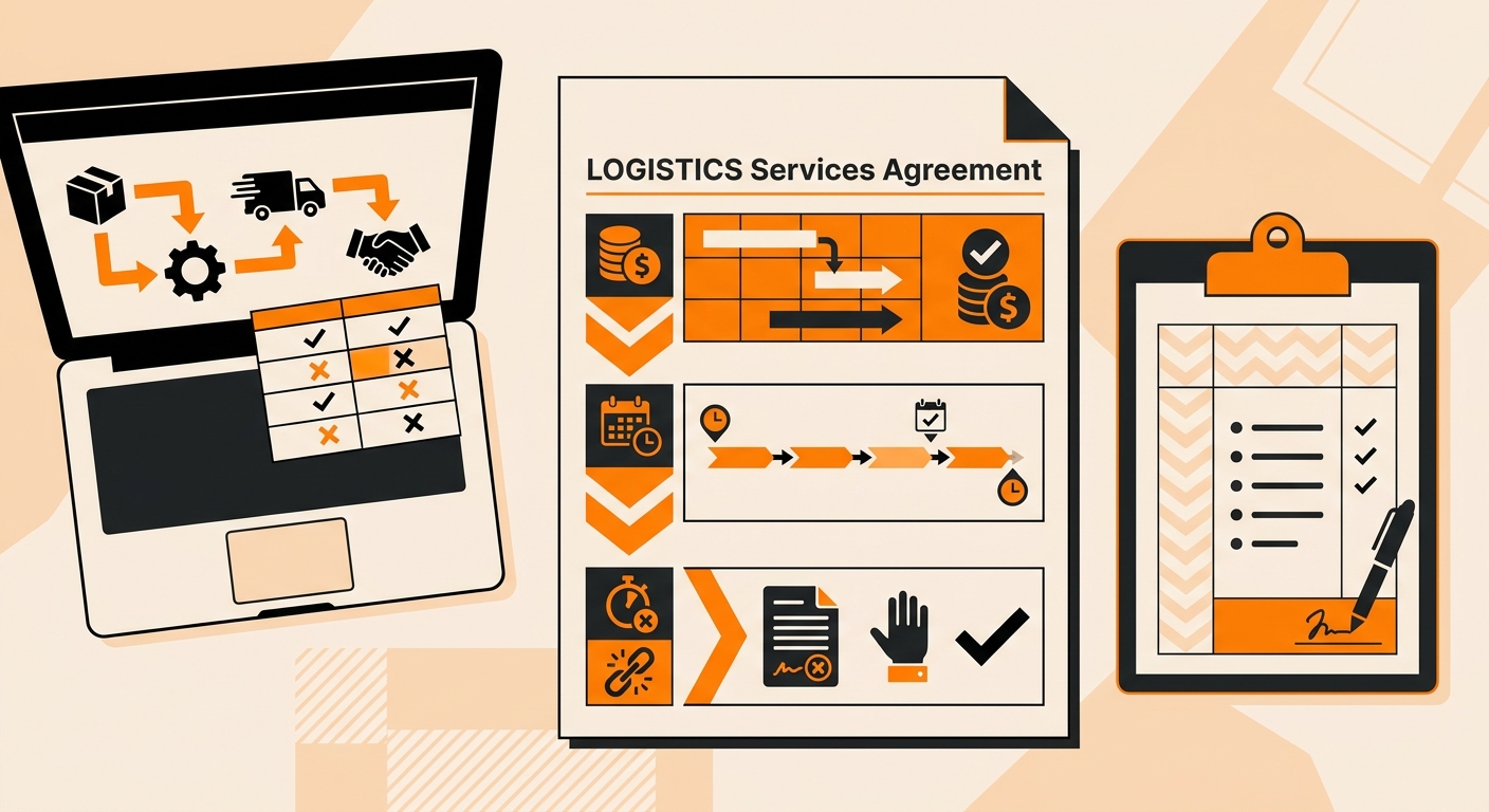 A professional office desk scene featuring a logistics services agreement beside a laptop and clipboard, with key sections li