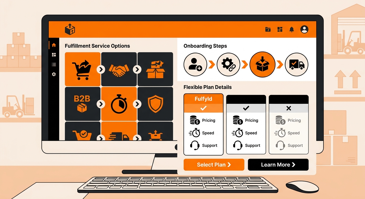 A clean digital dashboard mockup showing fulfillment service options, onboarding steps, and flexible plan details on a comput