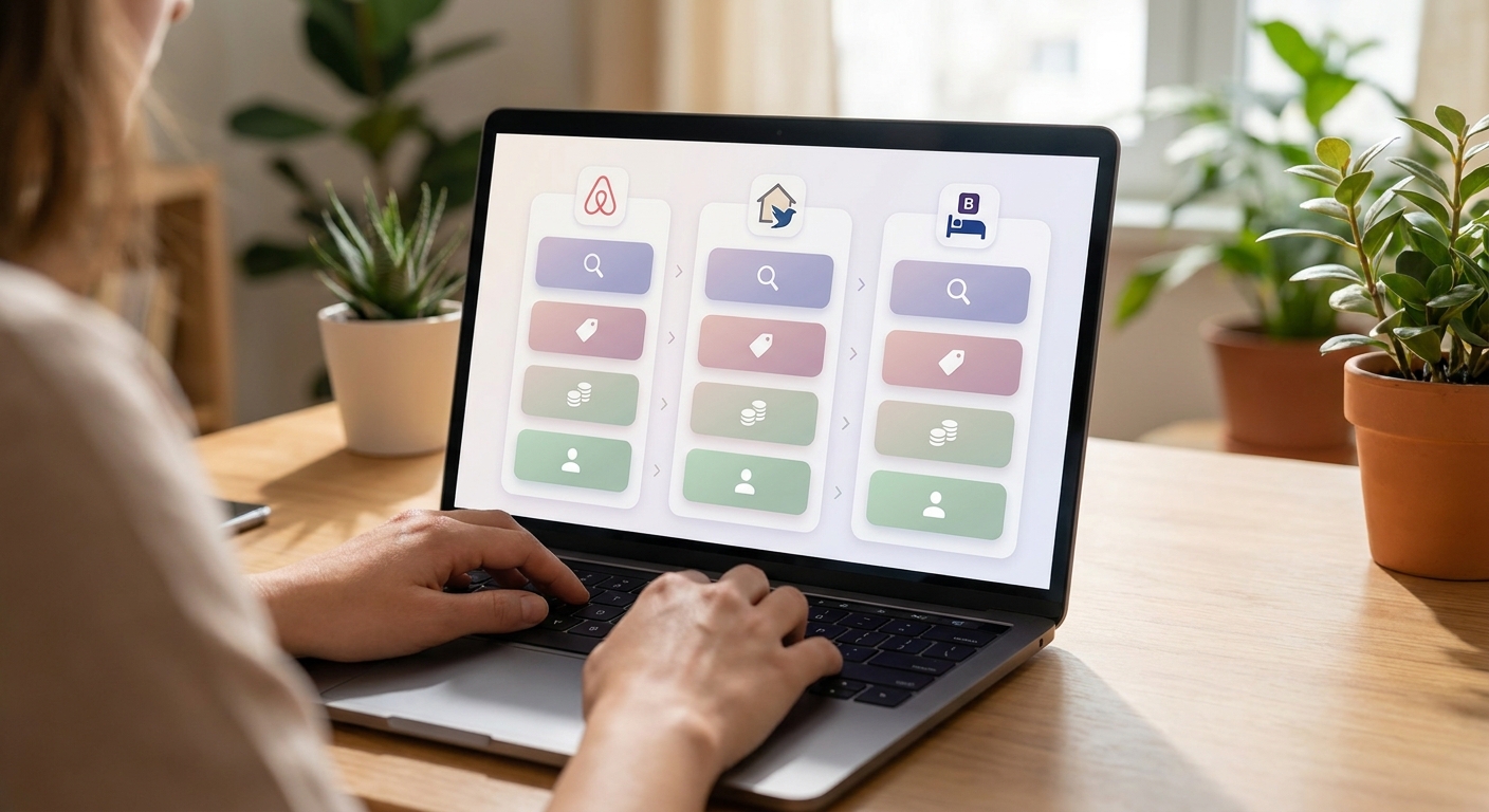 A clean over-the-shoulder view of a property owner comparing their Airbnb, VRBO, and Booking.com listing details on a laptop 