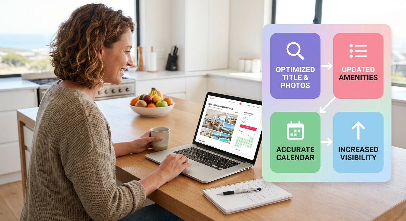 A professional lifestyle image of a short-term rental host working on a laptop at the kitchen table of a bright vacation home