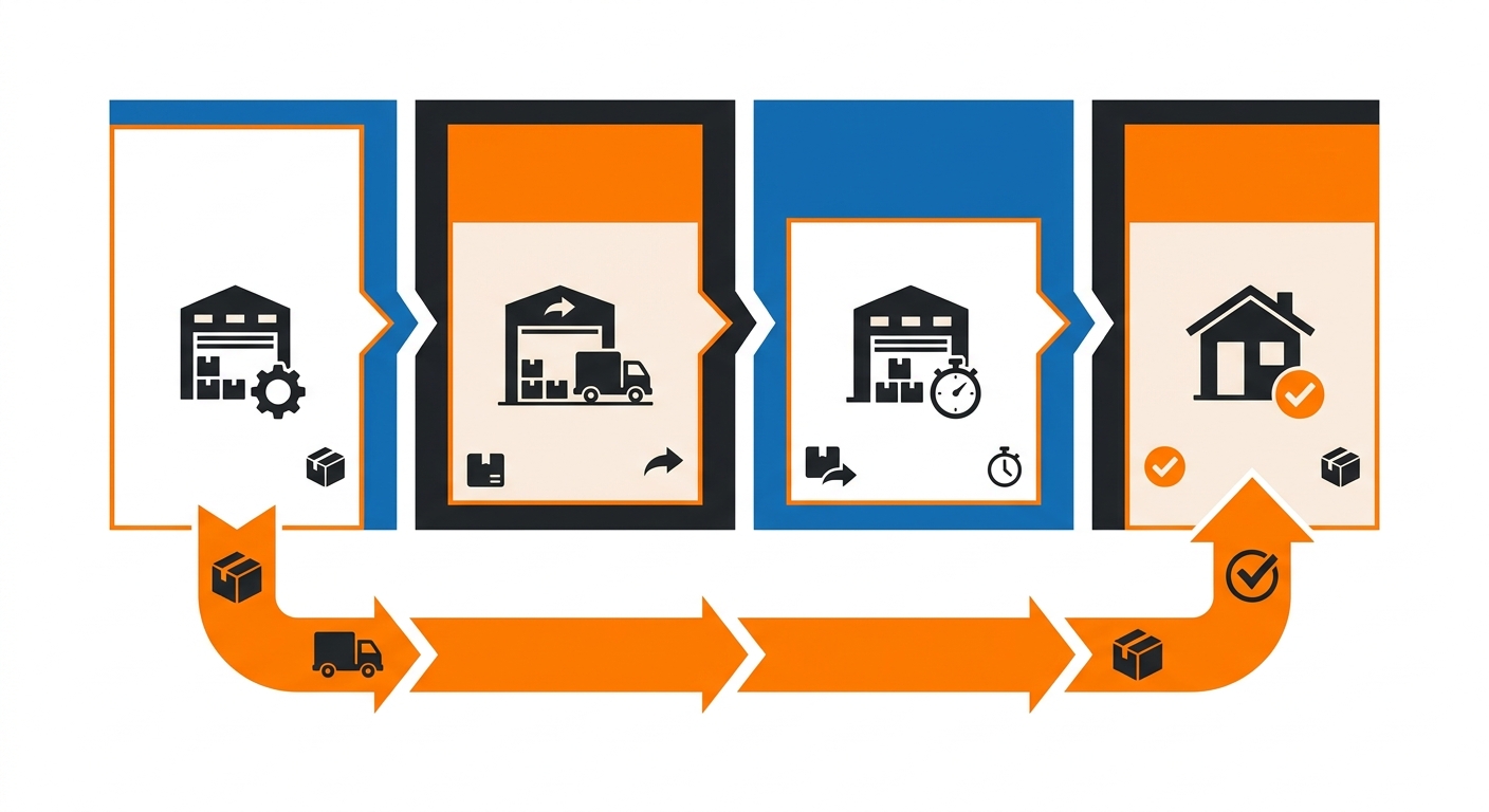 A clean infographic-style illustration of a package delivery route map highlighting multiple shipping zones, with one shipmen