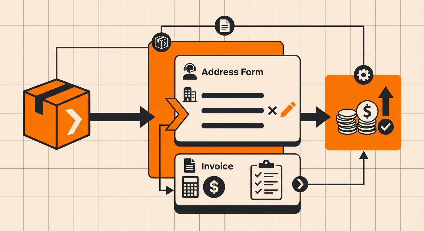 A professional close-up of a parcel, invoice, and address form with one address line marked for correction and associated shi