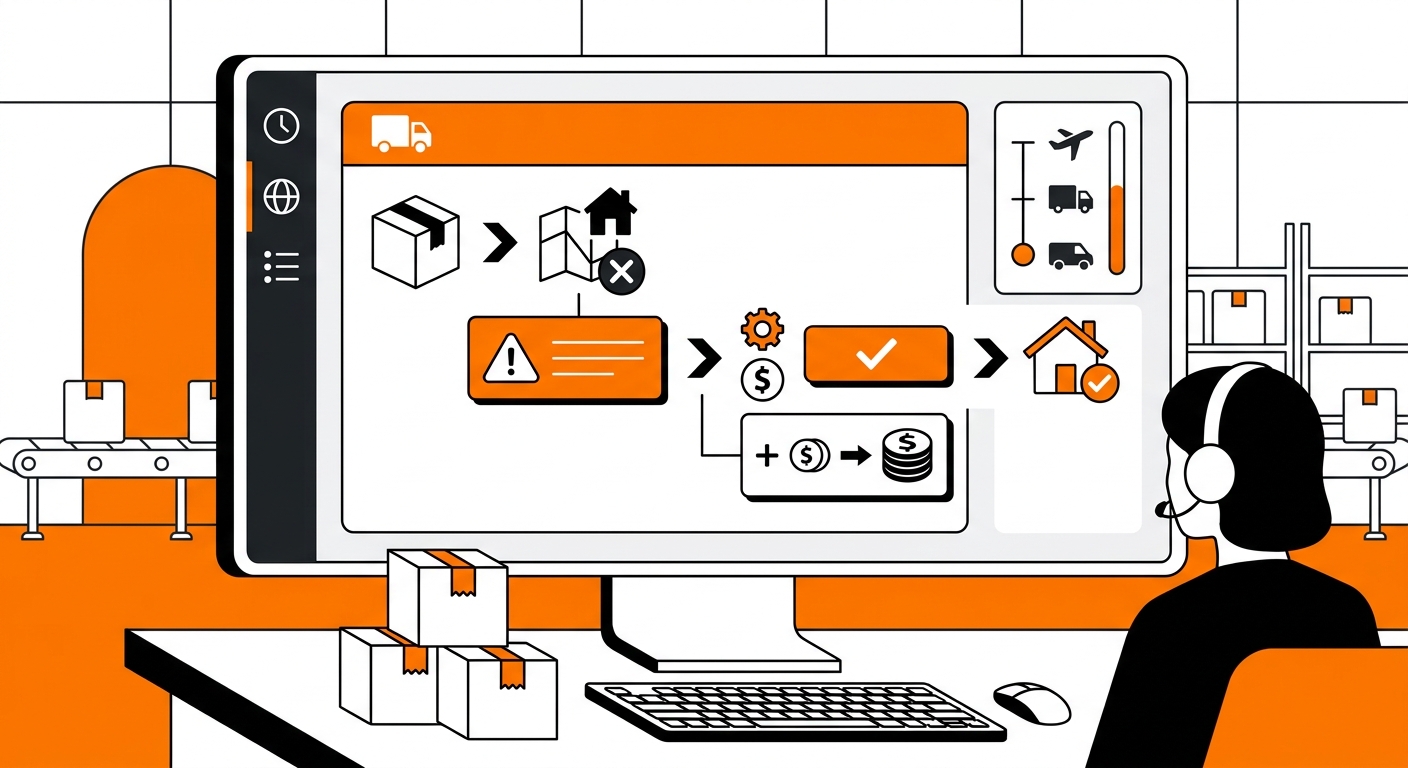 A modern logistics or fulfillment workspace with a package tracking dashboard showing an address mismatch alert and an added