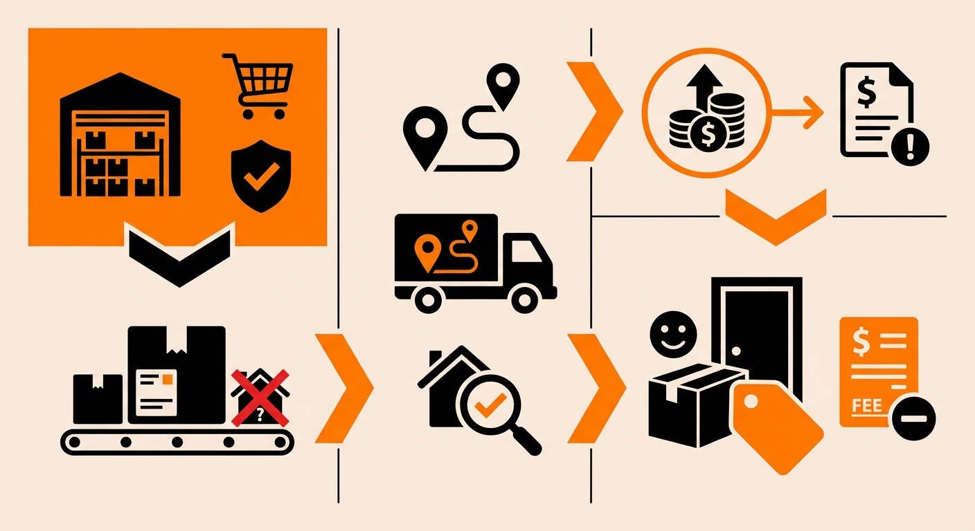 Infographic showing the lifecycle of an address correction fee: order placed with bad address, package enters carrier network, automated validation flags mismatch, carrier corrects address and routes package, correction fee billed to shipper account 7–30 days later