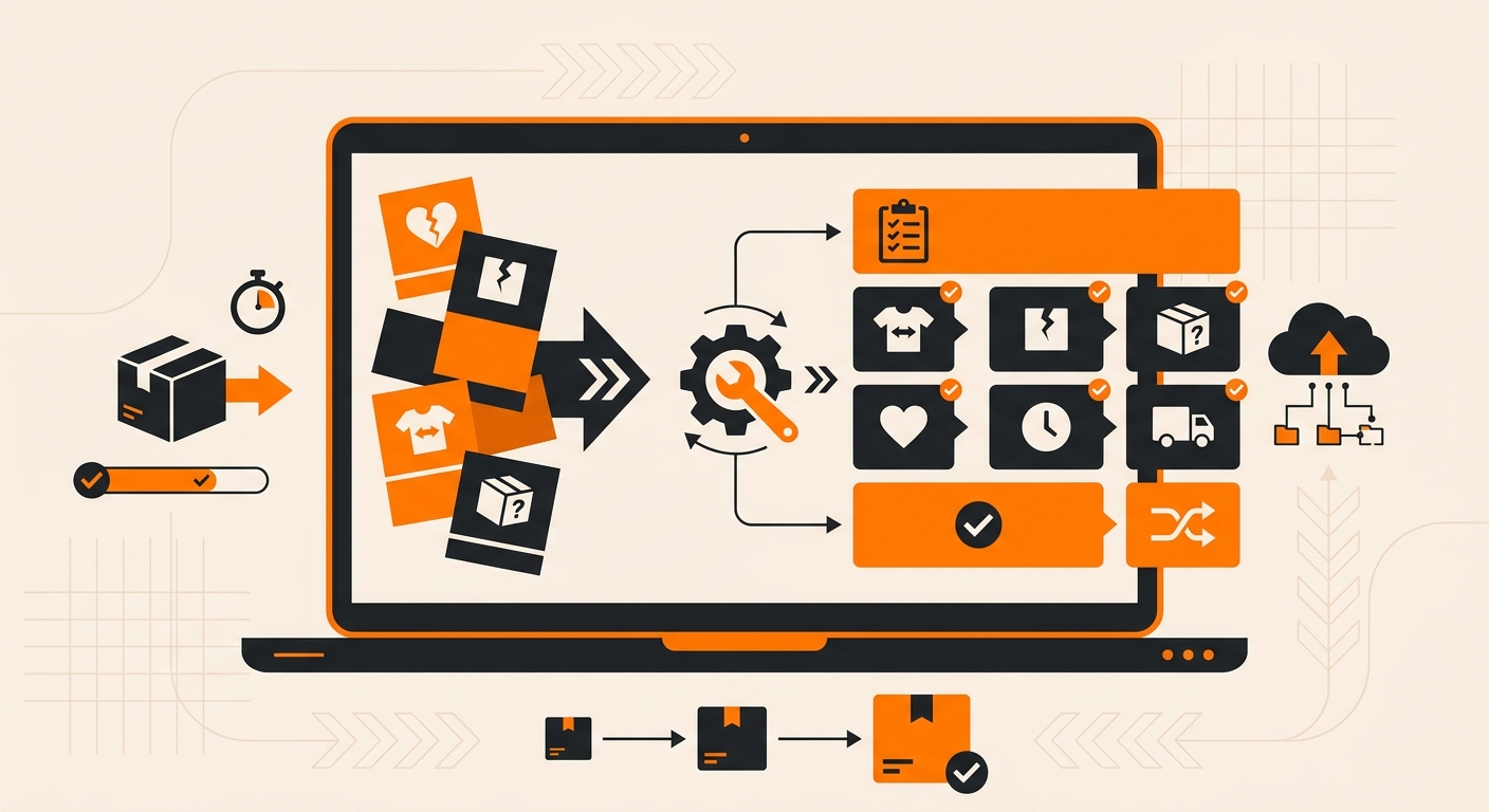A customer support and operations workflow visual featuring a laptop screen with return reason options being organized into a