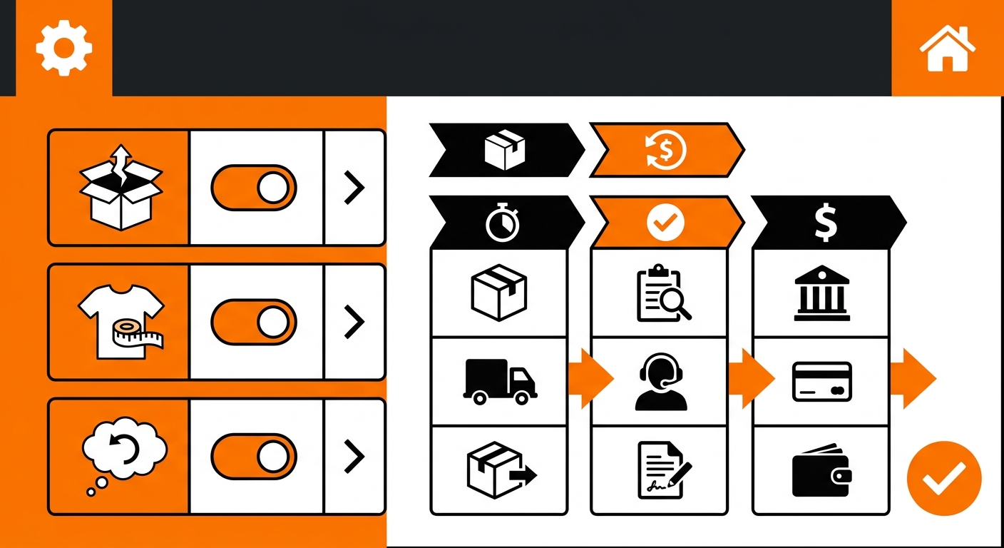 A clean dashboard interface showing an eCommerce returns settings page with configurable return reason categories such as dam