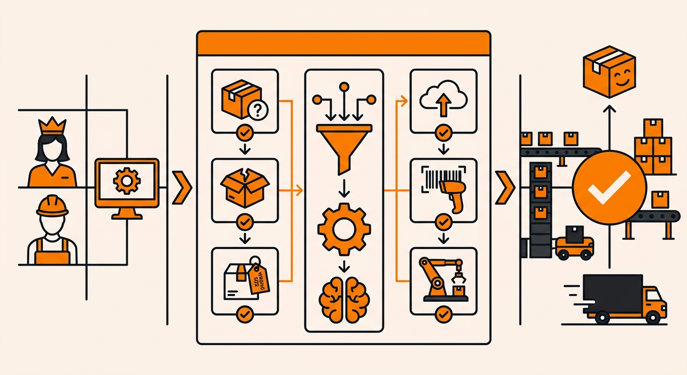 Flowchart showing how a return reason code entered at the warehouse dock triggers a disposition rule — restock, quarantine, destroy, or return to vendor — and feeds aggregated SKU-level data into a fulfillment reporting dashboard