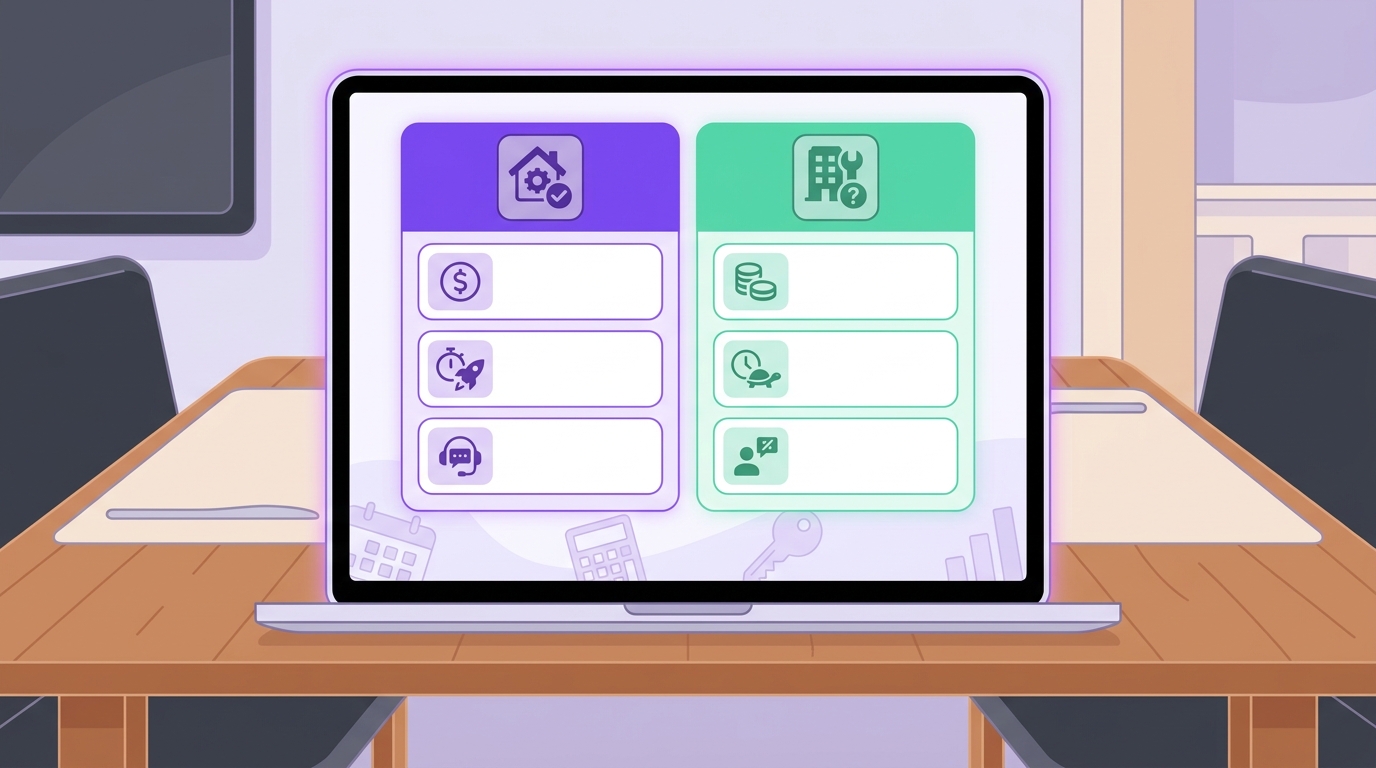 A property owner reviews performance and operations for their vacation rental from a laptop on a dining table overlooking a c