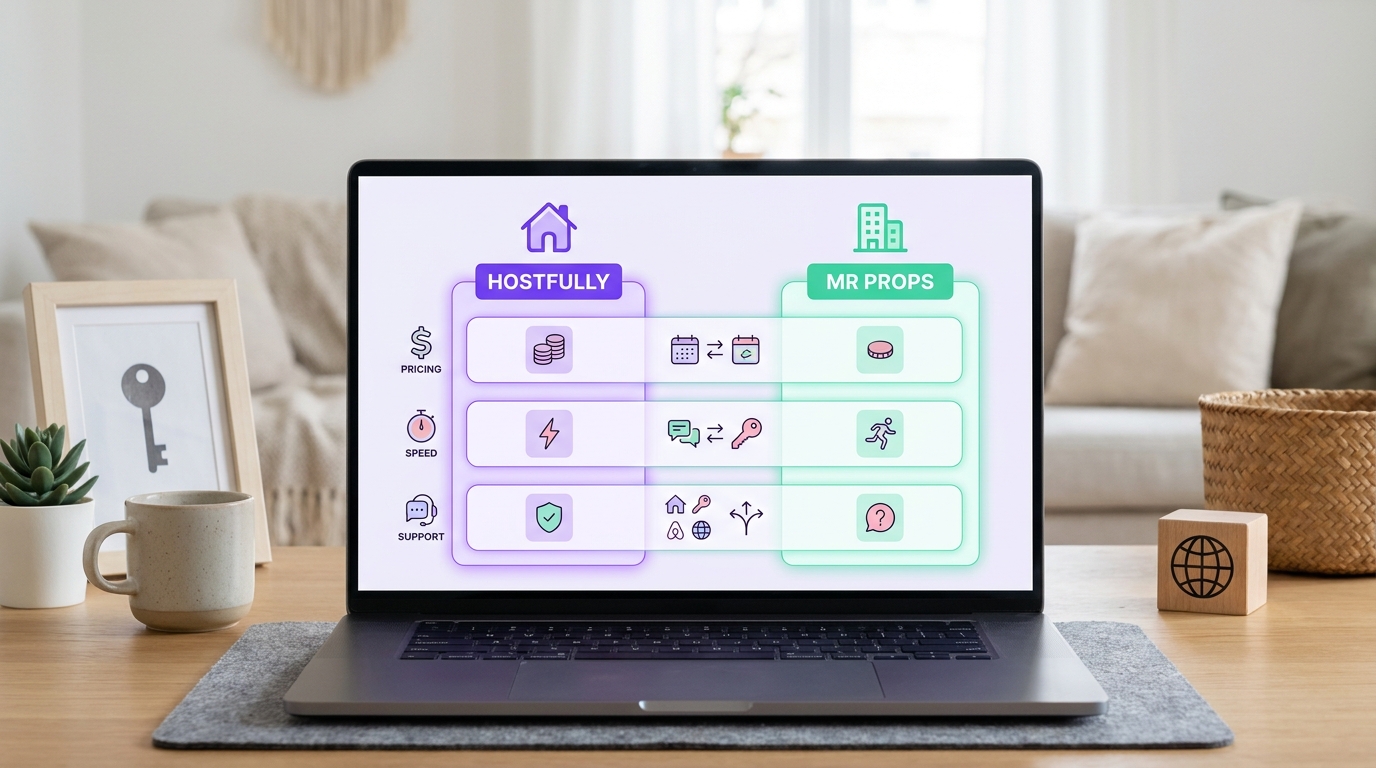 A clean workspace inside a stylish Airbnb-style living room shows a laptop displaying a side-by-side comparison of Hostfully 