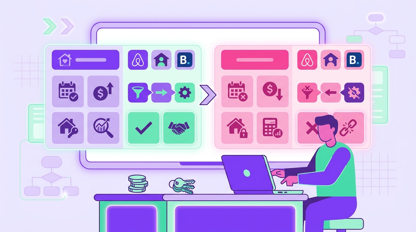 A short-term rental host works on a laptop at the kitchen island of a modern vacation home, comparing two property management