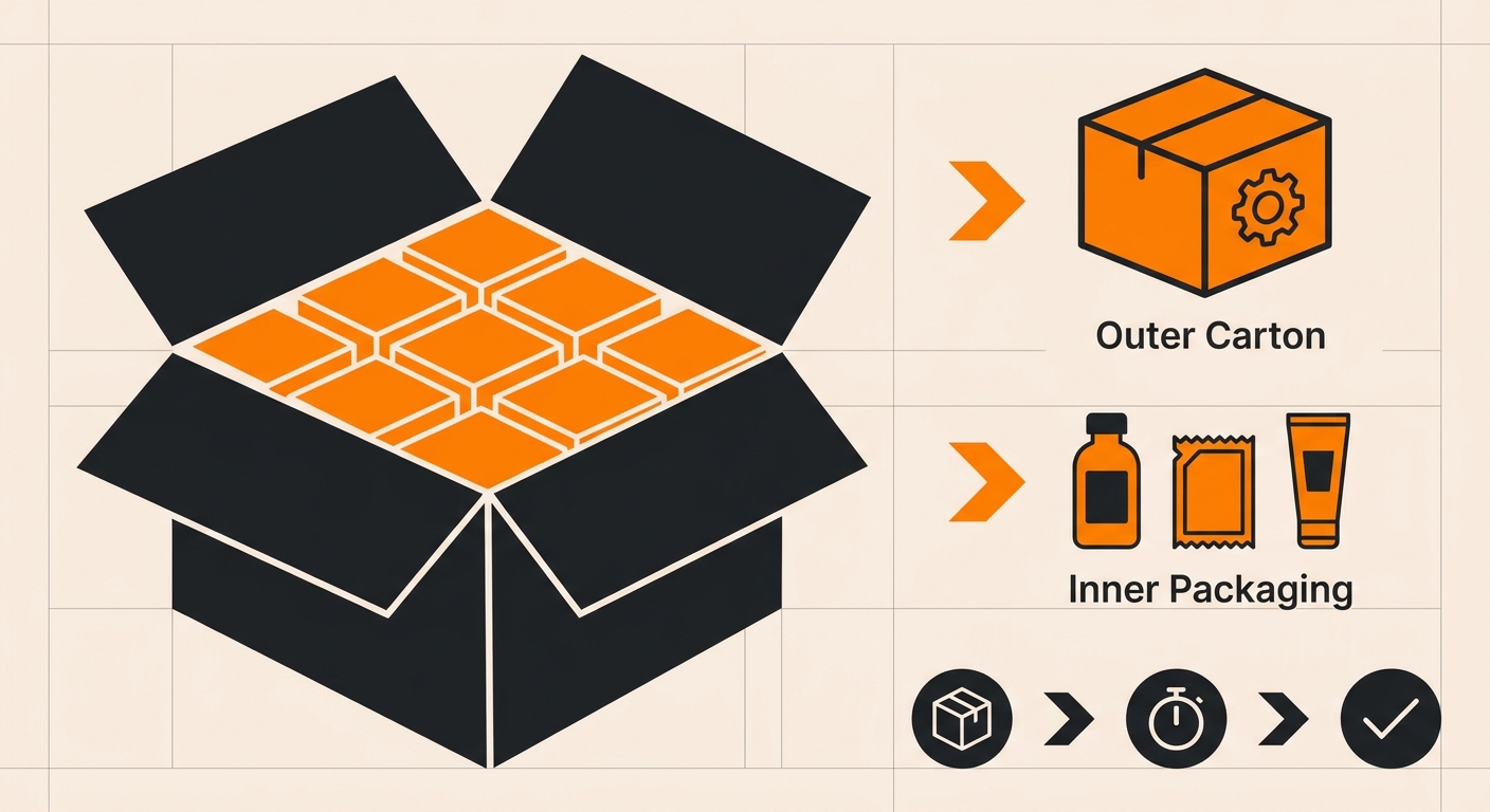 A studio-style packaging diagram featuring a master carton opened to reveal several smaller inner cartons neatly arranged ins