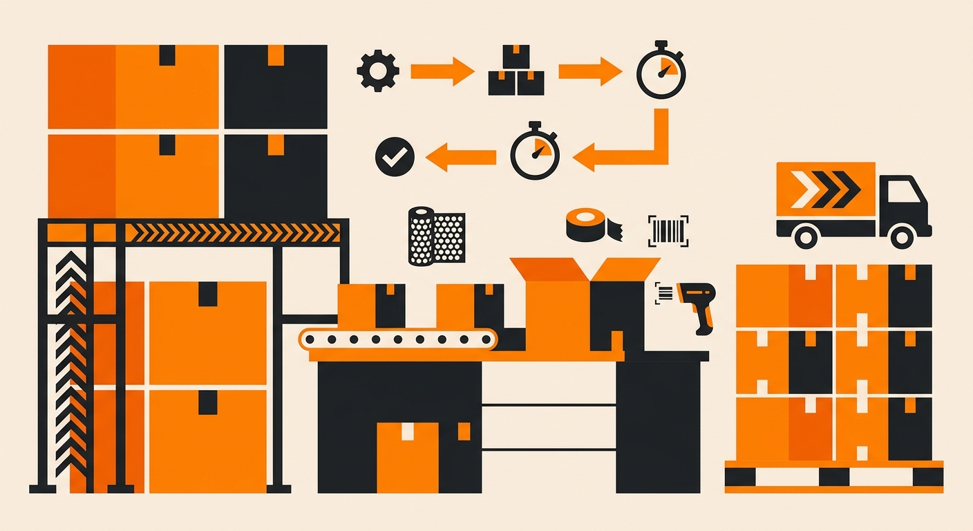 A professional fulfillment and shipping environment with stacked master cartons labeled for inventory and transport, placed n