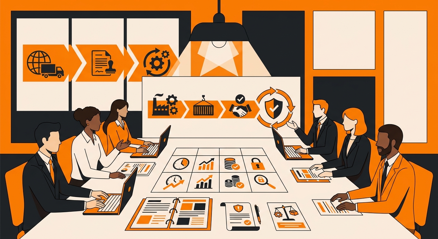 A business meeting with supply chain, procurement, and compliance professionals gathered around a conference table reviewing