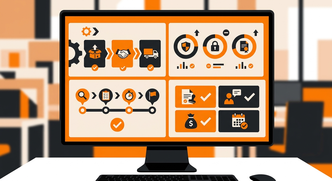A close-up of a digital dashboard displaying vendor status, compliance scores, audit checkpoints, and approval indicators on