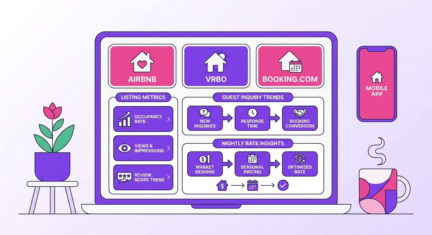 A clean workspace shows a laptop displaying a dashboard with Airbnb, VRBO, and Booking.com logos alongside listing metrics, g
