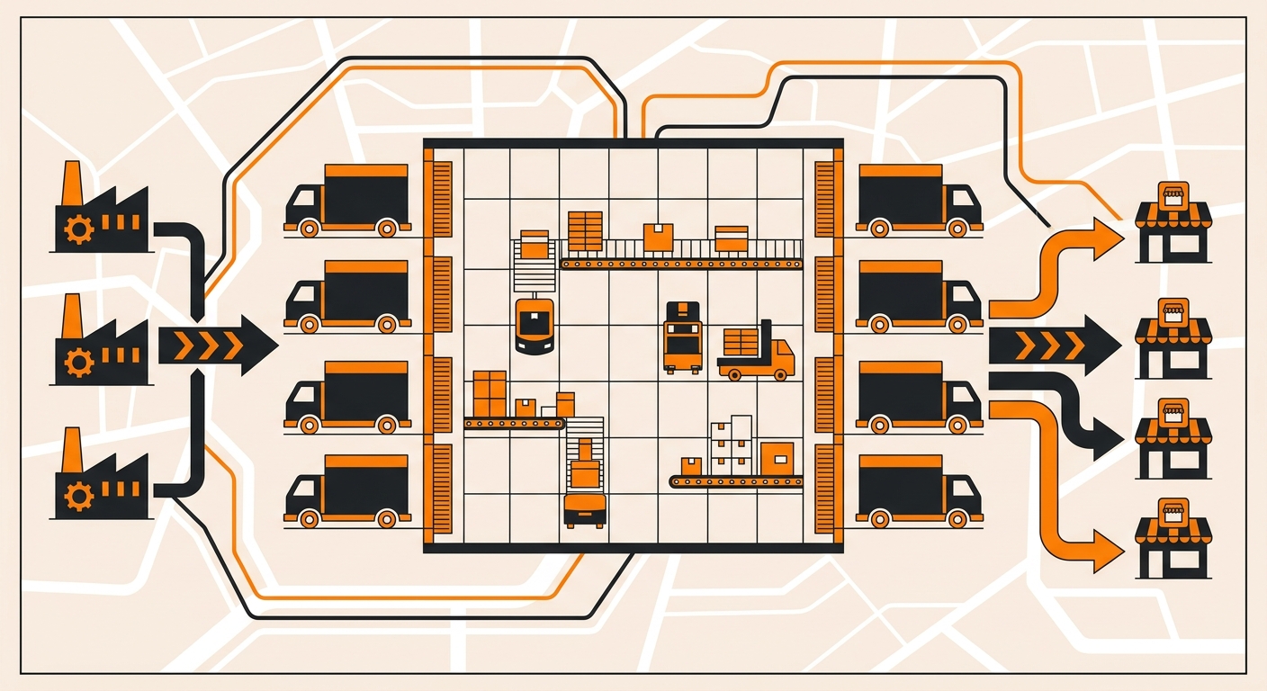 A clean, professional logistics hub scene showing pallets and parcels moving between a regional distribution center and multi