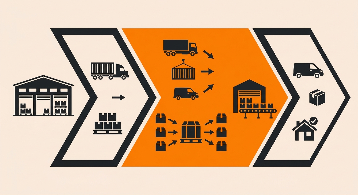 Diagram showing the middle mile logistics flow from origin warehouse through regional sort centers and cross-docking facilities to last-mile carrier handoff, with labeled stages for line-haul transport and sortation processing